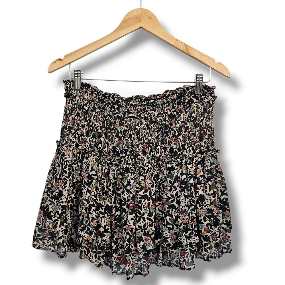 Zara Dark Floral Mini Skirt L Smocked Ruffle Black Pink Boho Shabby Chic Cottage
